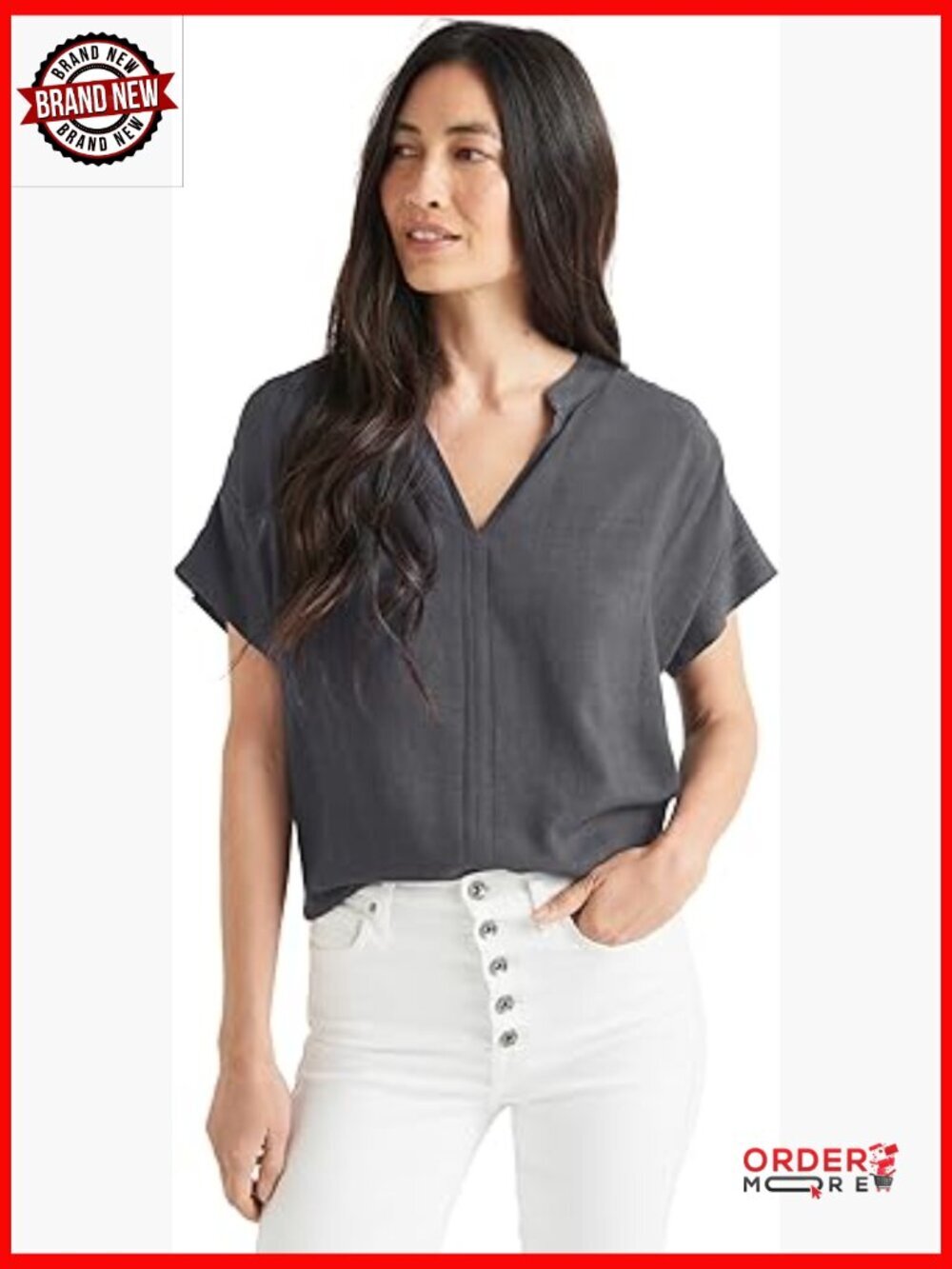 Womens V-Neck Blouse Short Sleeve Linen Blend Top Loose Fit Casual